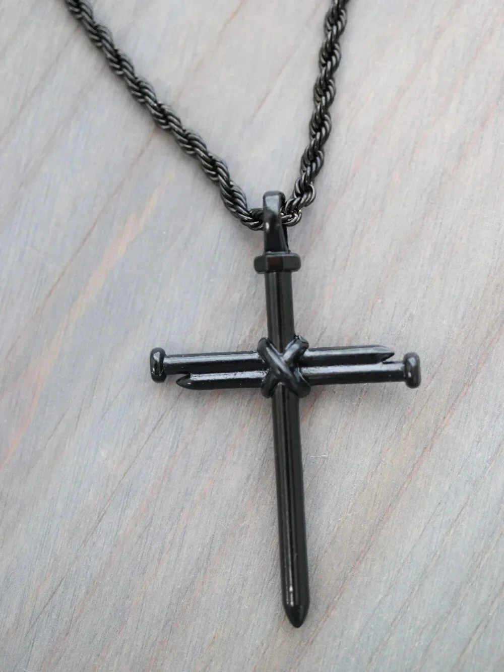 Cross Nail Style Pendant Necklace Black Stainless Steel